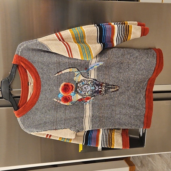 💕FREE PEOPLE💕 Desert Rose Sweater Embroidered Longhorn Colorblock Knit Medium - Picture 7 of 15